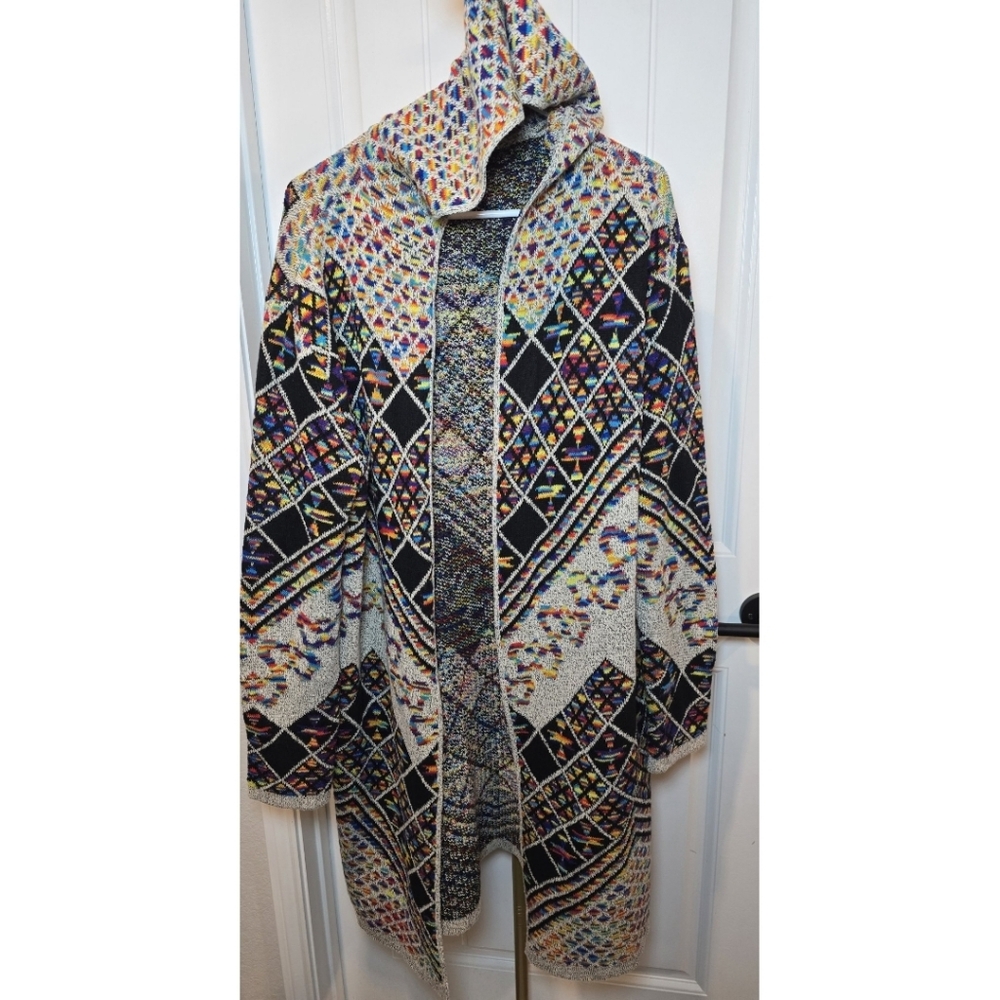 Aztec Boho Long Cardigan Open Sweater XL 1X Hooded Mintee 16